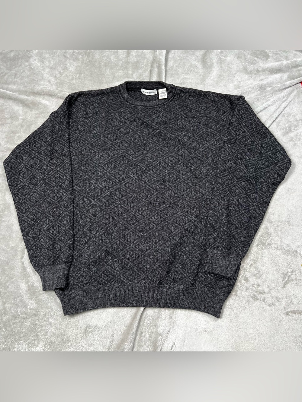Vintage Claiborne Merino Wool Sweater Mens L Gray Geometric Pullover Jumper 90s